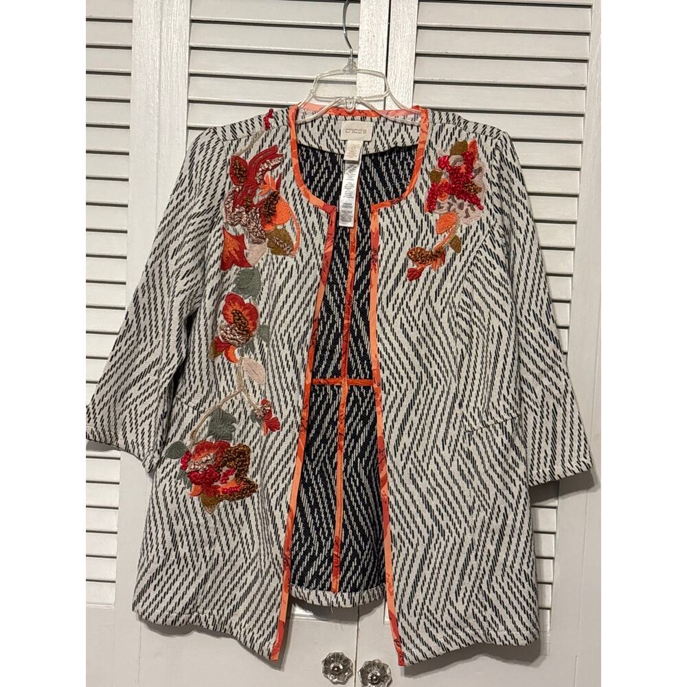Chico’s Artisan Floral Applique Jacquard Open Front Jacket Women's Size 0